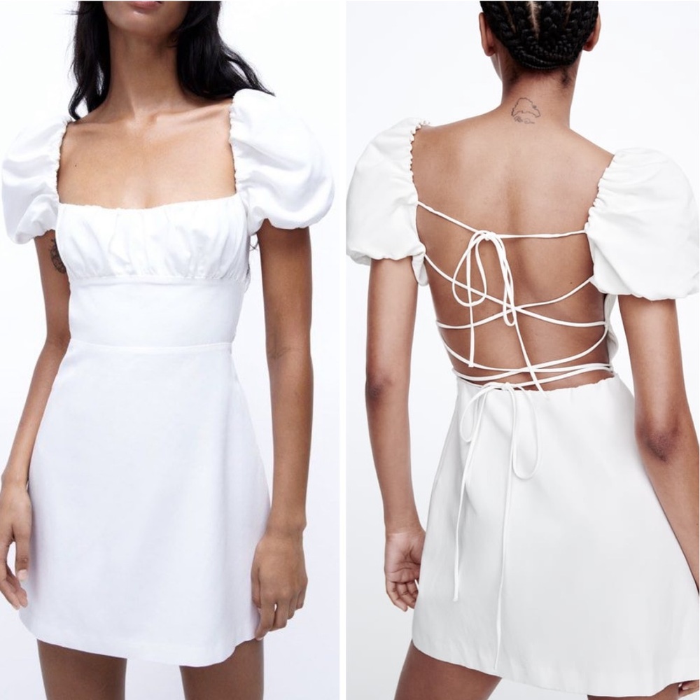 Zara Linen Blend Square neck Short Puffy Sleeves Lace Up Back Mini Dress